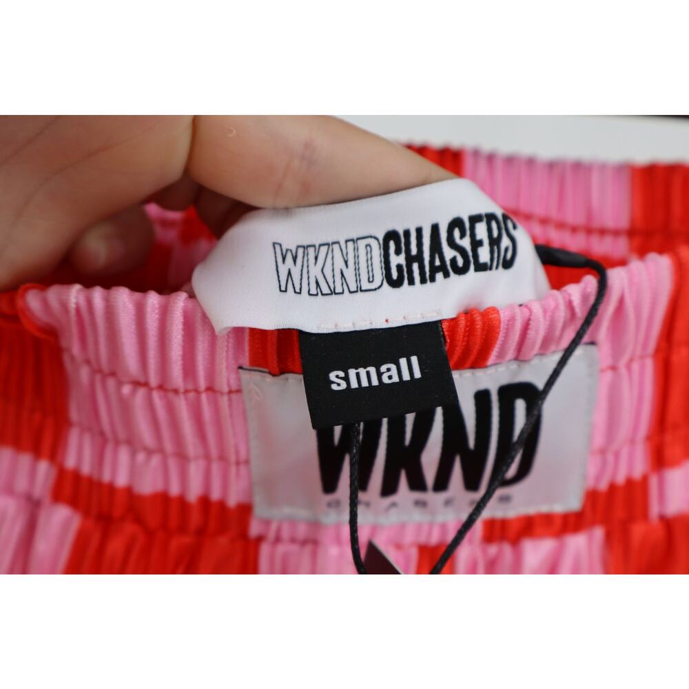 NEW WKNDCHASERS Checkered Plisse Pants Red Pink Gingham Wide Leg Size S - Picture 4 of 4